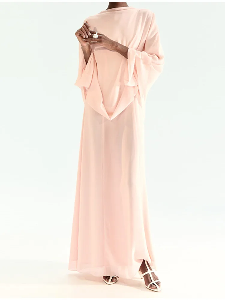 Elegantes Rosa Hochgeschlossenes Cape-Kleid für Damen, Schickes Loses Langarm-Fließkleid aus Chiffon, Maxi-Kleid für Frühling 2026, Damen-Abendparty-Outfit – Detail 4