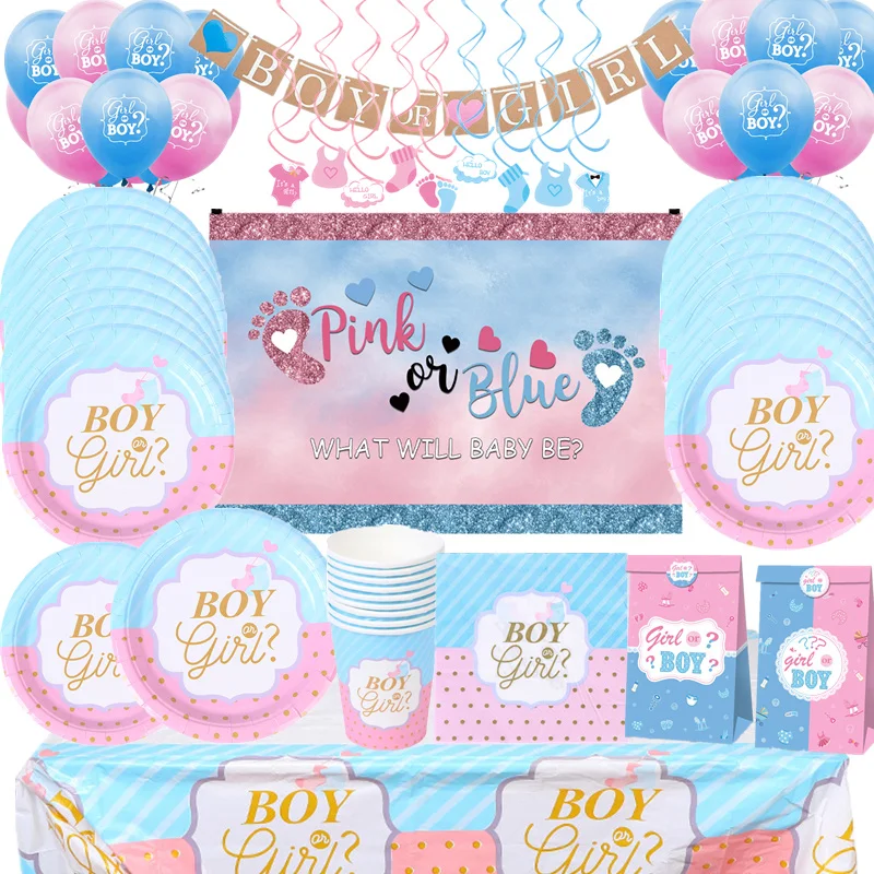 Rosa blau Junge oder Mädchen Geschlecht offenbaren Babyparty Party Einweggeschirr Set Pappteller Tassen Banner Ballondekoration