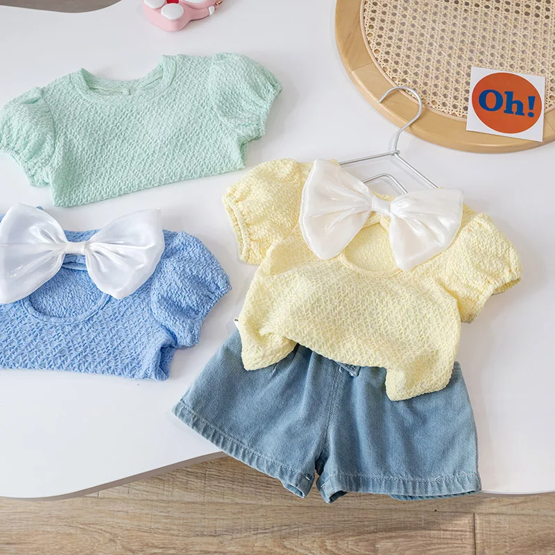 

Summer Kids Yellow Top Clothes 2-6 Years Korean Sweet Girls Cute Back Bow Design Short Sleeved T-Shirt