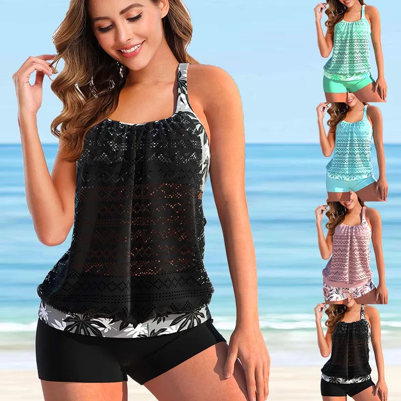 

Printing Monokini Set Women Swimsuit Two-piece Set Swimwear Bikini Set Summer Loose Tankini Beach Wear Bathing Suit Bikini Set