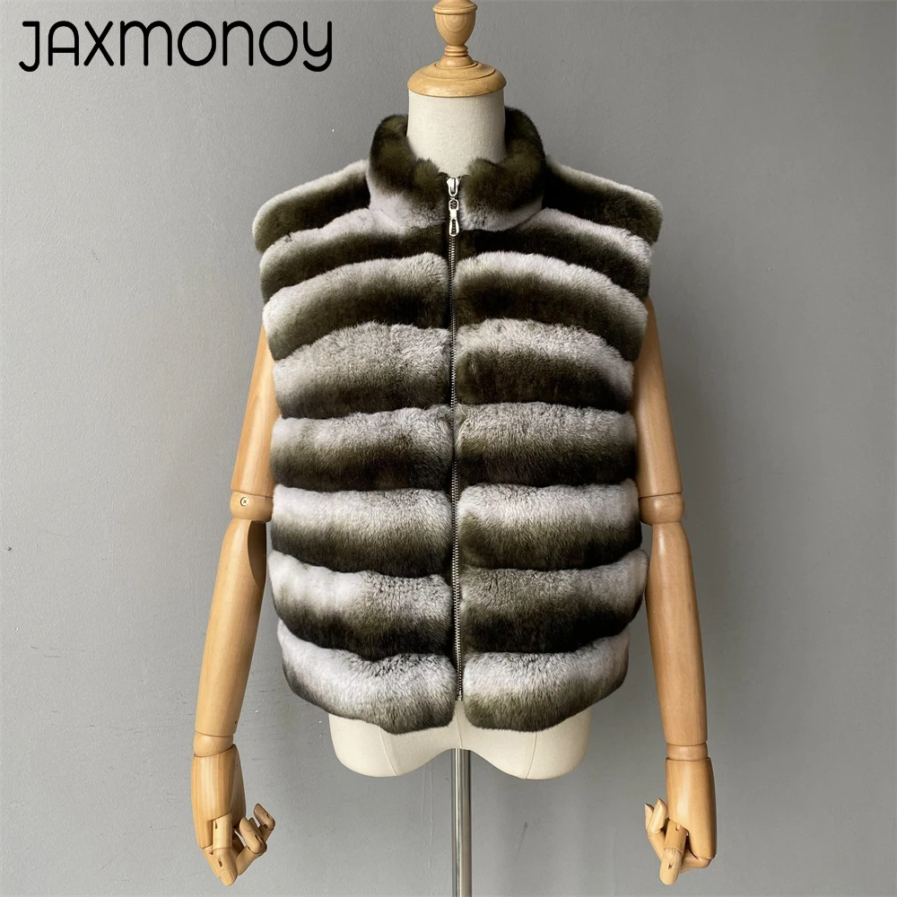 Jaxmonoy Natural Rabbit Fur Coat for Women Winter Real Rex Rabbit Fur Vest Ladies Fashion Patchwork Wool Blend Waistcoat Fall