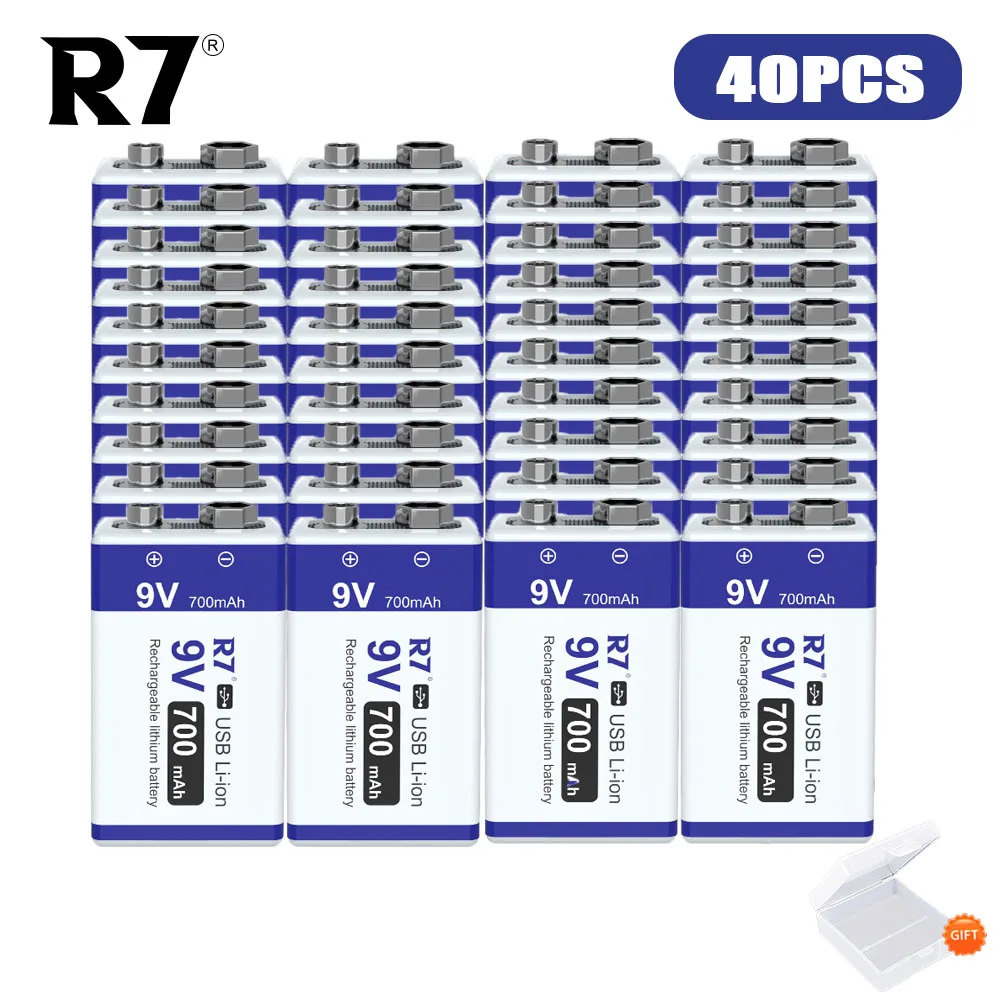 

40PCS R7 9V Li-ion Rechargeable Battery 700mAh 9v USB Batteries Lithium 9v 6F22 For Smoke Detector Metal Detector