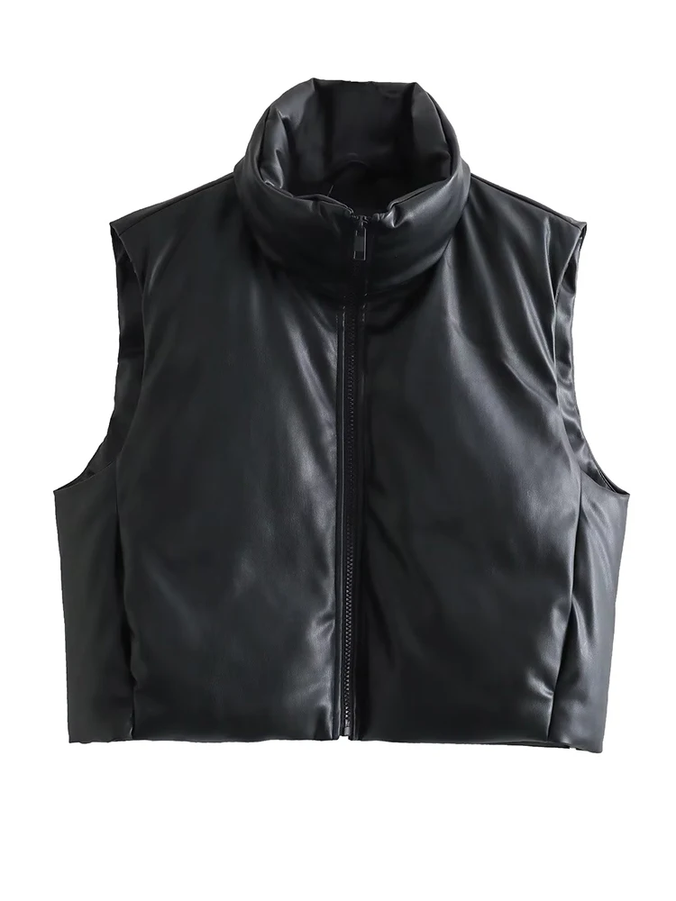 

Fitaylor новый осенне-зимний женский Повседневный короткий жилет из искусственной кожи с воротником-стойкой, женская модная куртка на молнии без рукавов из искусственной кожи