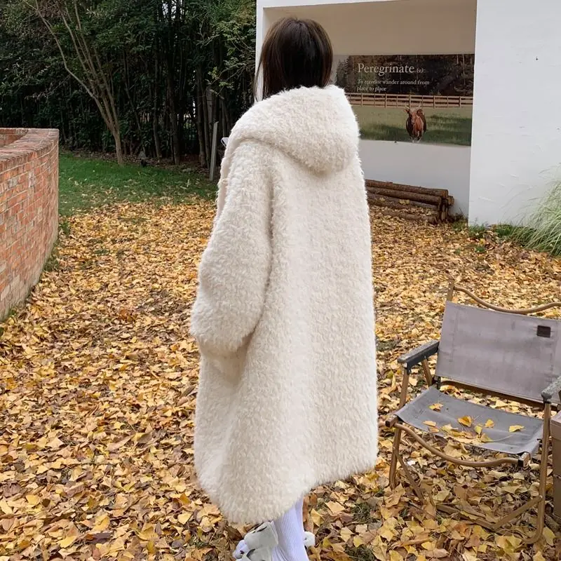 Women's Long Faux Fur Hooded Coat, Faux Fur Outwear, Horn Button, Long, Below the Knee, Casual, Thick, Warm, Winter Fashion