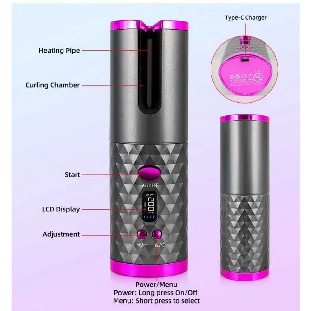 USB Rechargeable Cordless Hair Curler Auto Rotating Temp Time Adjustable Wireless Curling Iron Fast Heat Effortless Styling Hair