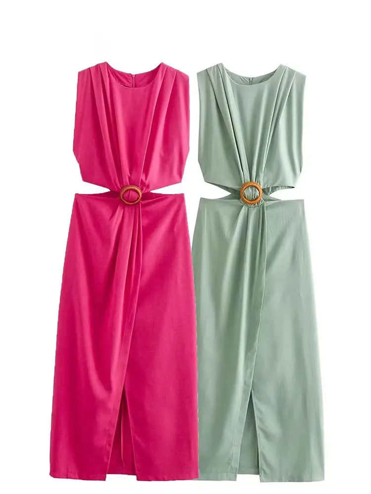 HH Women Waist Opening Design Dress Solid O Neck Sleeveless Split Dresses Slim Woman Elegant Evening Dress Vestidos Mujer