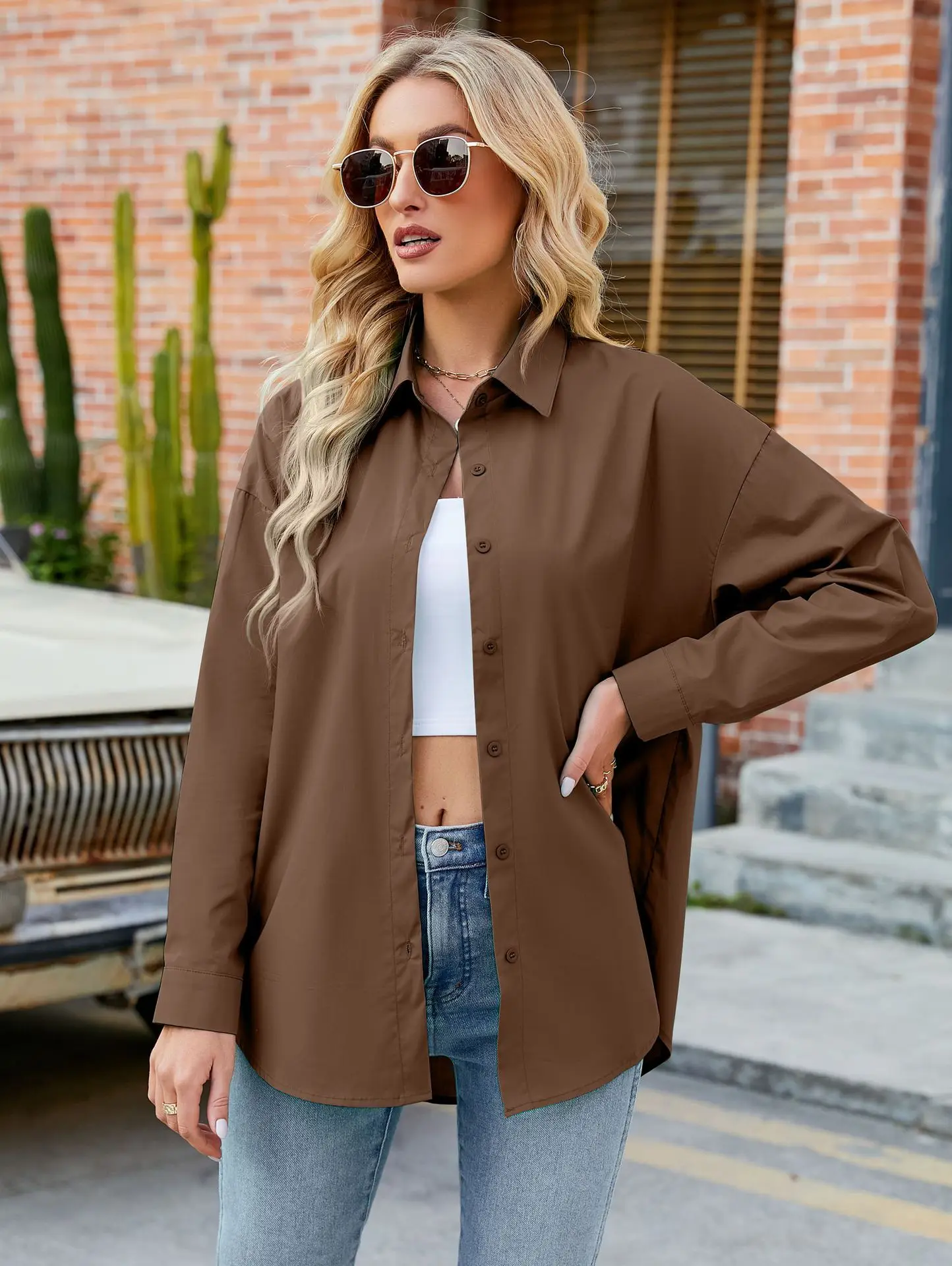 Womens Clothing V-neck Solid Button Long Sleeve Casual Blouse