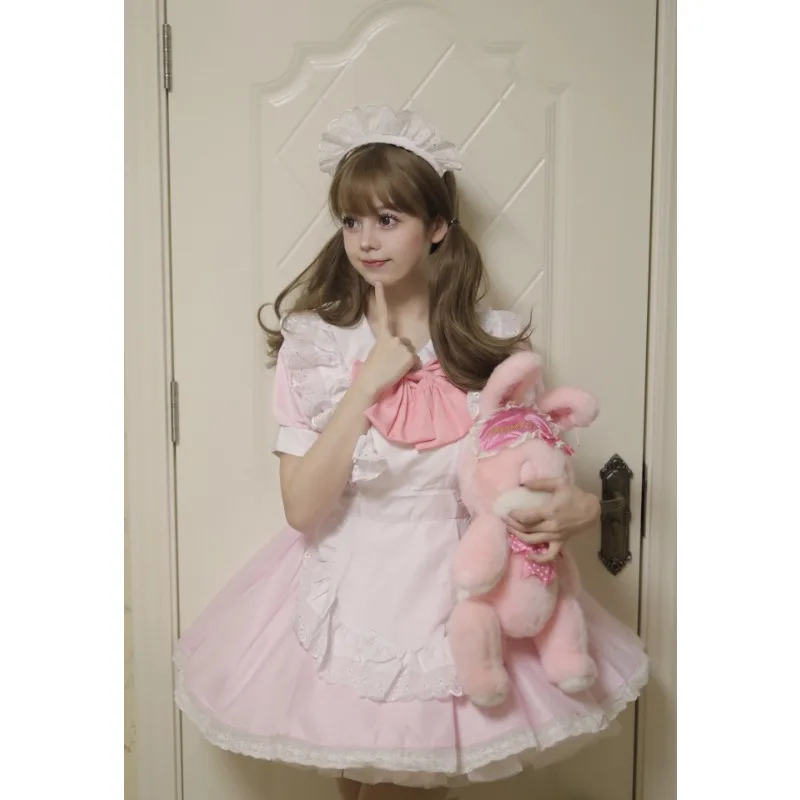 Mädchen Damen Cute Cosplay Lolita Maid Kleid mit Headband S-5XL, Schwarz/Pink/Blau/Lila/Gelb/Grün 59