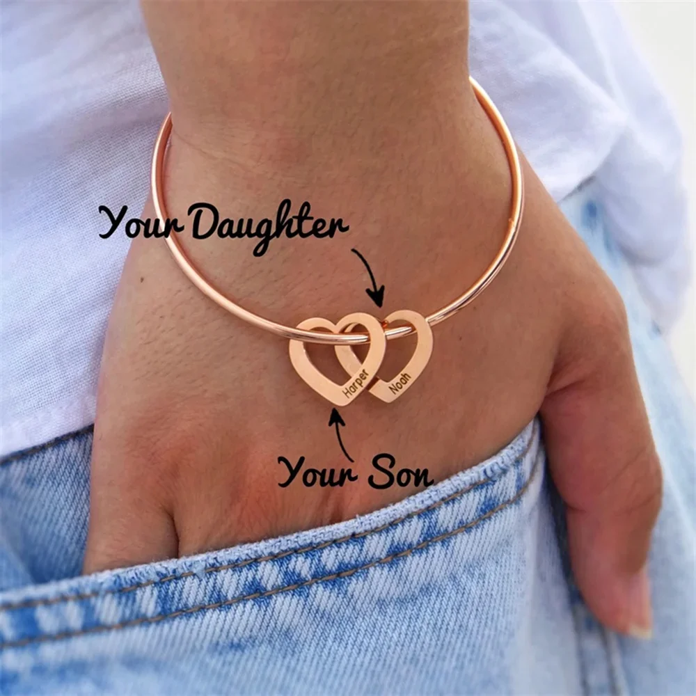 Personalized Bangle Bracelet with Heart Shape Pendants • Engraved Any Names Text • Custom Made Jewelry Gift • Mother's Day Gift 57 2 inch blivery triangular rack table   bangle ball care rack comfortable durable and beautifully made of pretty wood