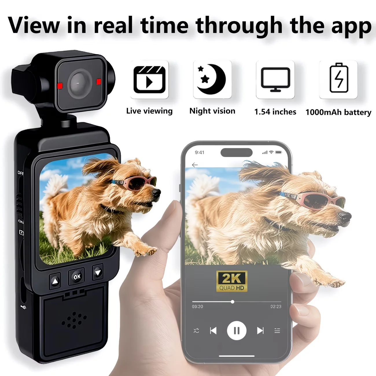 Portable wearable action camera with wireless connectivity and a 170° wide-angle lens, ideal for cycling and hiking