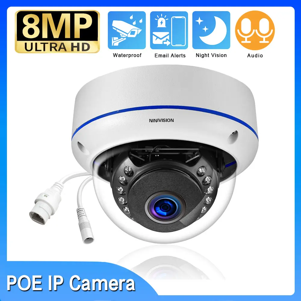 NINIVISION 8MP 4K IP Camera POE Outdoor H.265 Metal Indoor Dome CCTV Night Vision Home Video Surveillance CCTV Audio Camera