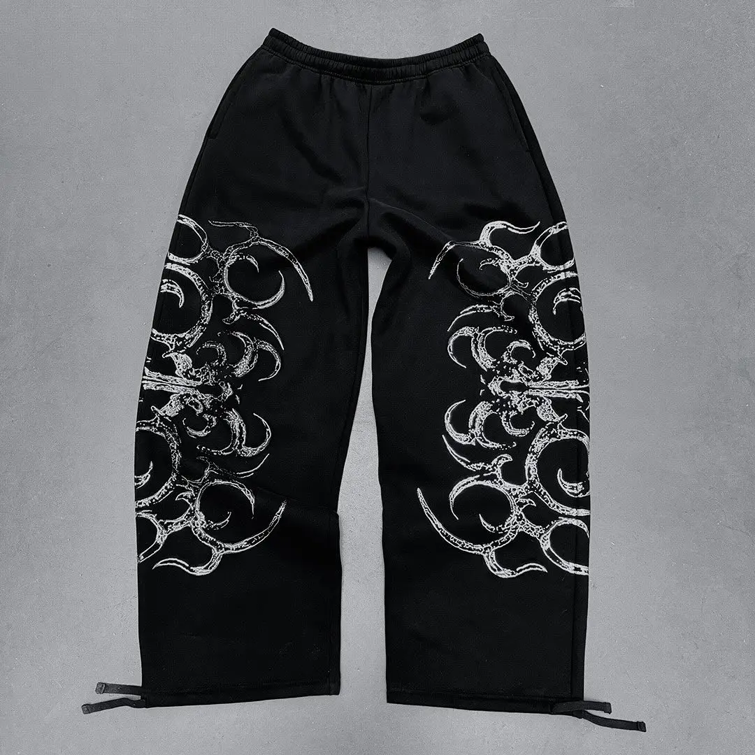 Y2k Gothic Style Mens Suit Black Print Zipper Hooded Sweatshirt Simple Cotton Hip Hop Large Size Loose Print Jogger Pants Unisex 2