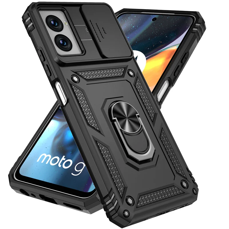 Shockproof Armor Phone Case with Magnetic Ring Holder and Slide Lens Protector