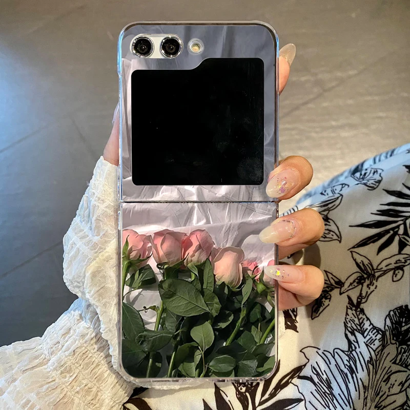 Pink Rose Flowers Clear Folding Hard Cover Phone Case