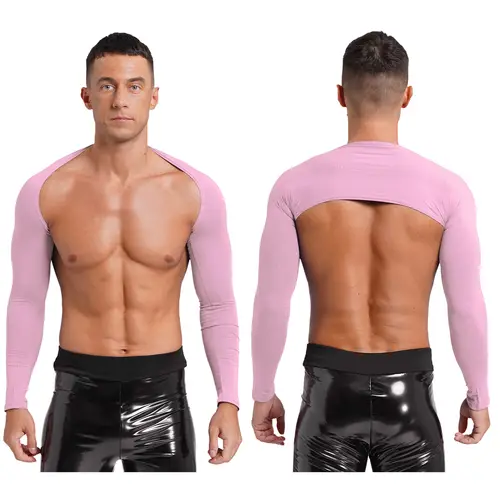 Men Open Front Half Crop Top Solid Long Sleeve Cardigan Bolero Shrug Tops Muscle Arm Sleeves Workout Sports Gym Tops Clubwear - Image 23