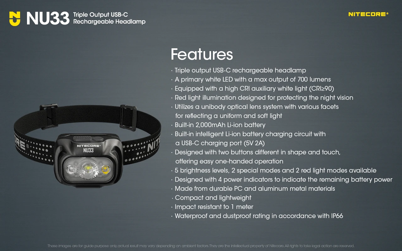 NITECORE NU33 700Lumens Triple Output USB-C Rechargeable Headlamp Built-in 2000mAh Battery White light,+Red Light Headlight
