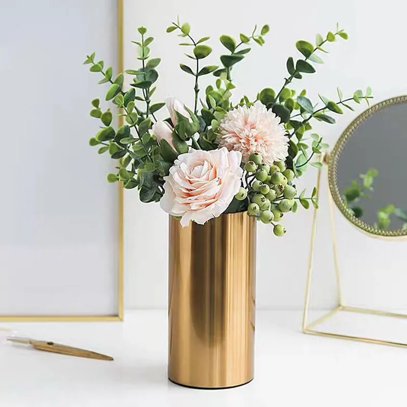 Gold Plated Cylinder Vase Desk Decoration Crafts Minimalist Vases Flowers Pots Decorative Flower Arrangement Modern Home Decor 4