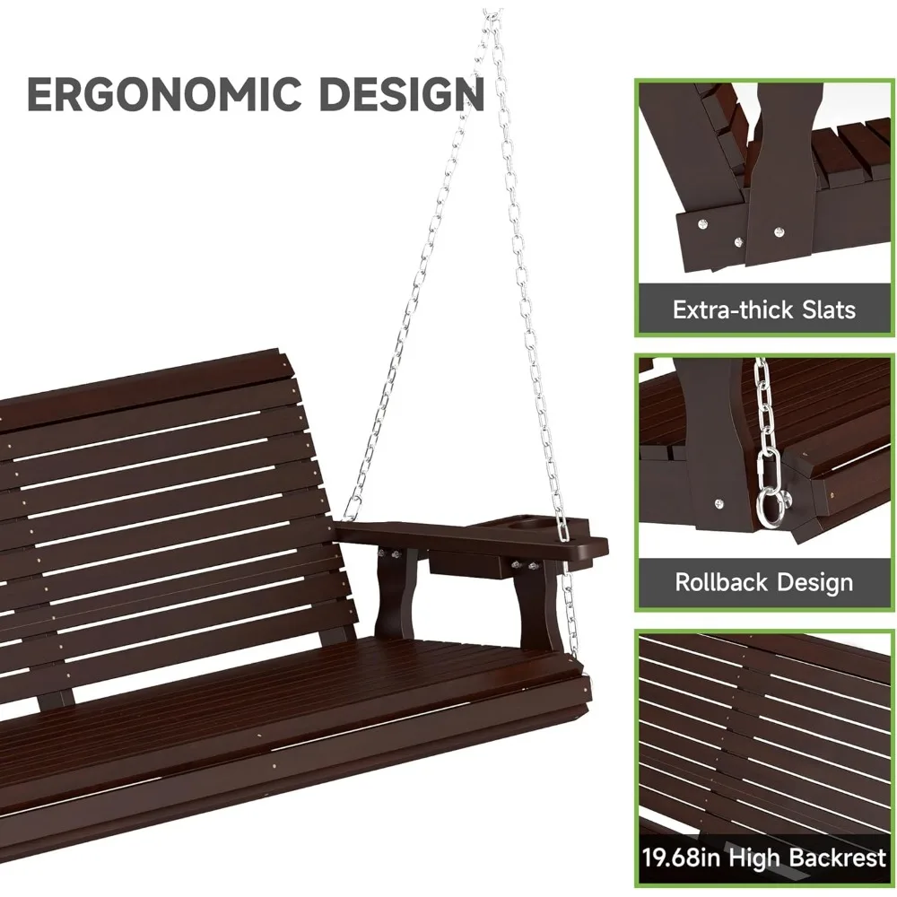 Front Porch Swing,  Wooden Upgraded 3 Person Seat Bench Swing Hanging Chair with Cup Holders 3