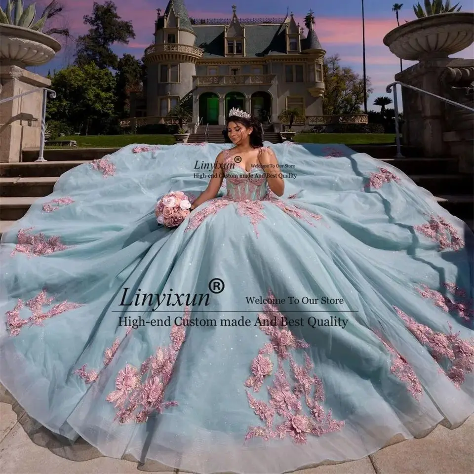 Sweet Flowers Quinceanera Dresses Sheer Mesh Appliques Ball Gown Birthday Wedding Party Dress Vestidos De 15 A&ntilde;os