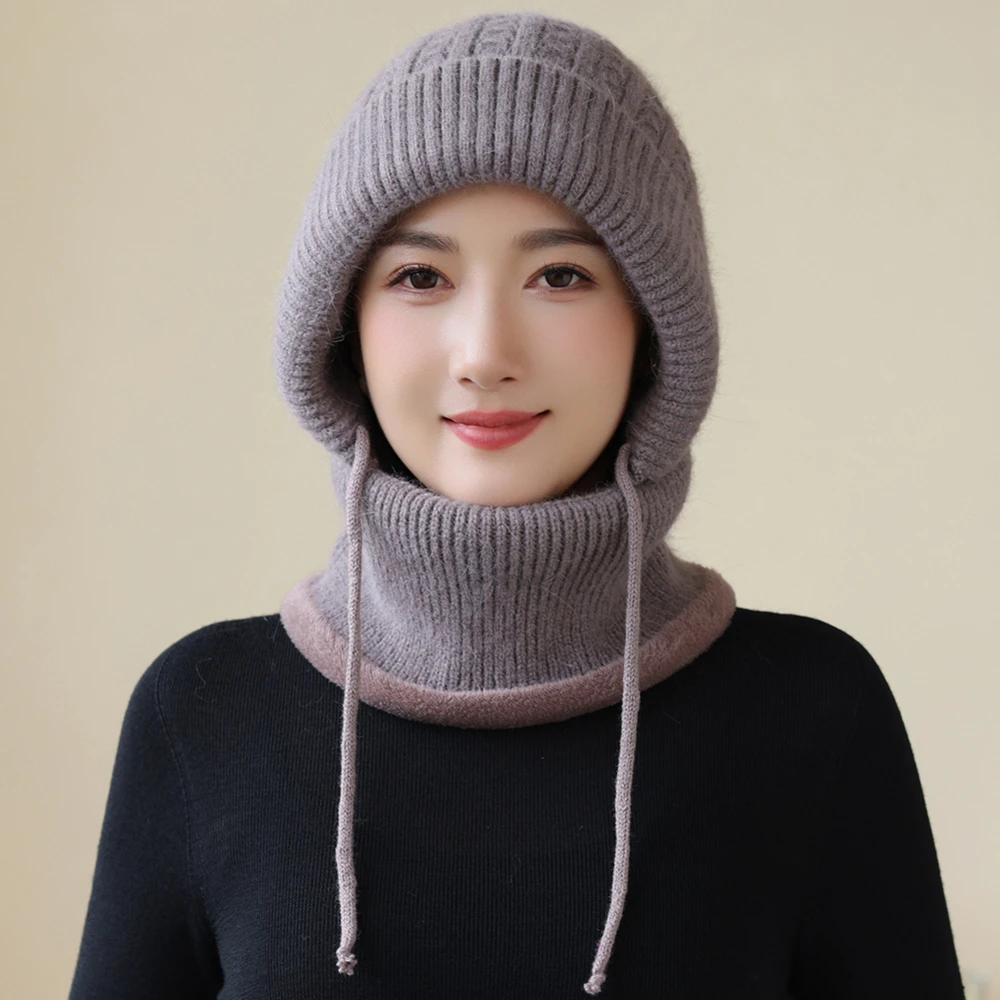 Hot Sale Winter Women Keep Warm Knitted Hat Neck Protection Beanie Cap Fur Lined Warm Hats For Women Windproof Balaclava Cap