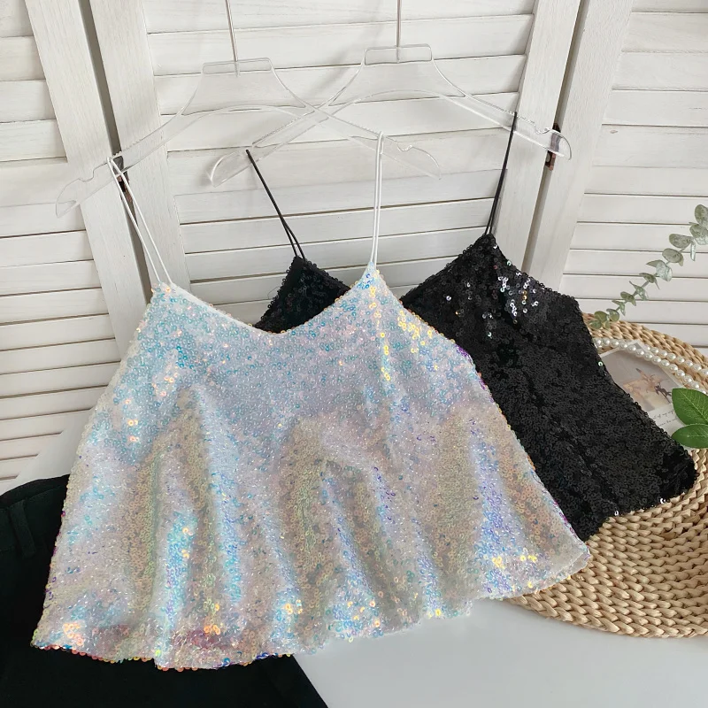 

Women's Shiny Sequins Camisole, Female Short Top, Outside Wearing, Sexy, Design Sense, Hot Girl, Outside, Summer, New Fashion