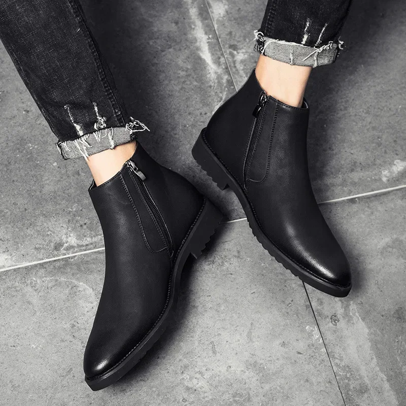 thumbnail image 1 of Botas Chelsea informales para hombre, botines de cuero hechos a mano para hombre, botas Chelsea básicas cortas con cremallera alta de estilo británico Retro para hombre, 1 of 4