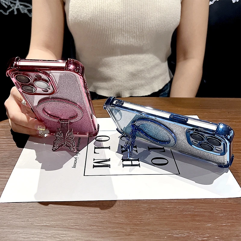 Glitter Butterfly Holder Plating Silicone Shockproof Case Cover