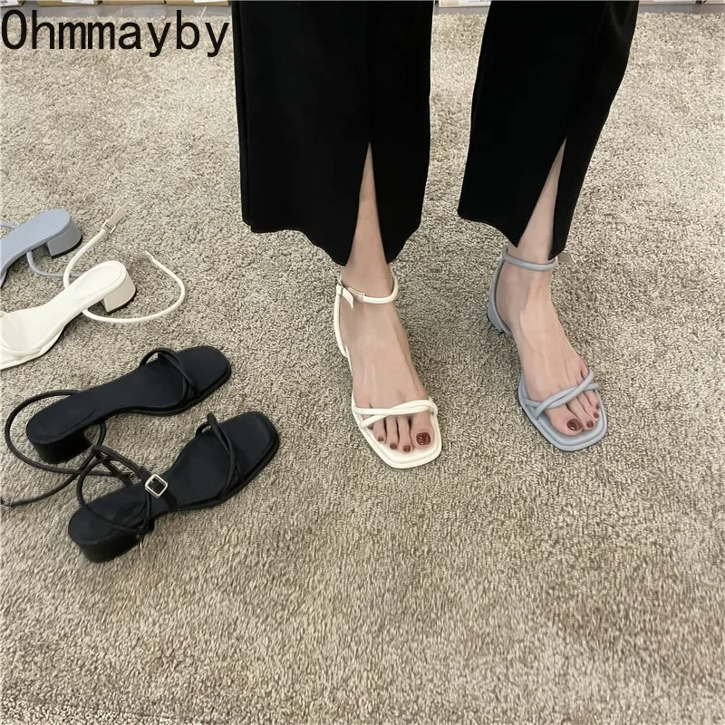 Women Sandals Summer Narrow Band Thick Heel Open Toe Ankle Strap Dress Pumps