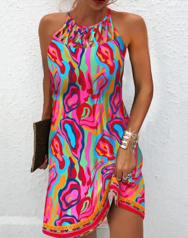 

New Fashion 2024 Summer Casual Sexy Multi-Color Abstract Print Hollow Out Casual Dress Elegant Dresses for Women Female Clothing