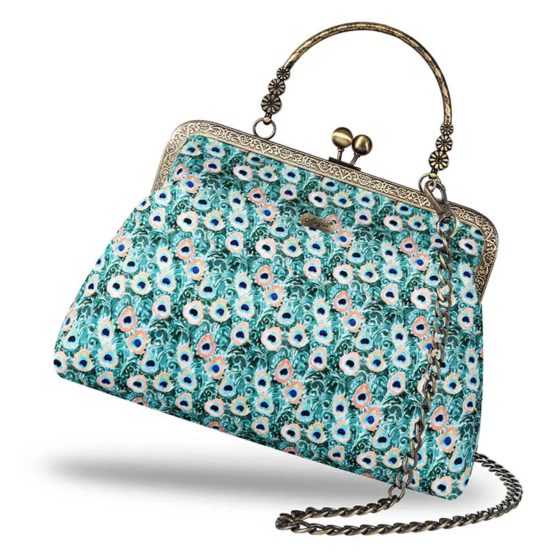 Vintage  Handbag Women Canvas Kisslock Shoulder Bag Chain Strap Retro 50s Purse Evening Party Peacock Elegant Embroidered Walle