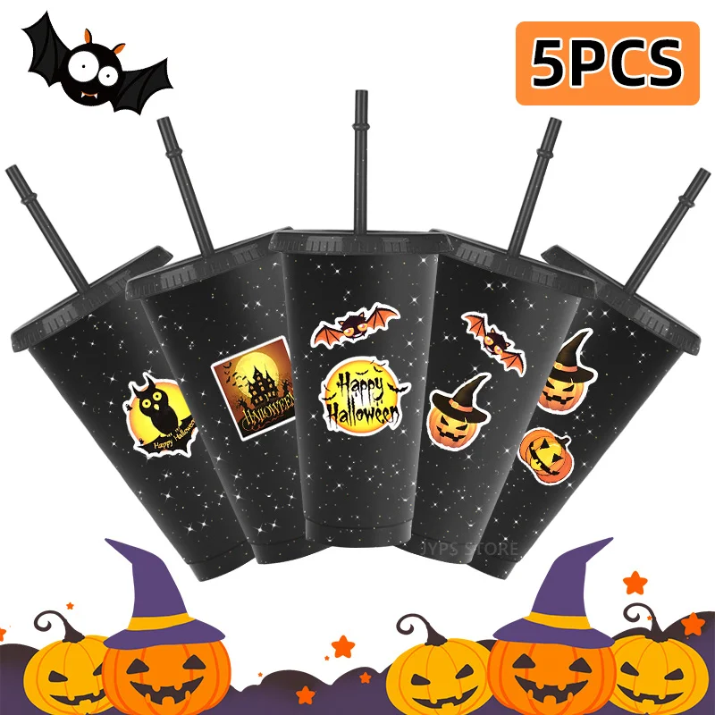 

5Pcs Creative Black Straw Cup With Lid Sticker Reusable Plastic Water Cup Flash Drink Cup Tumbler for Party Halloween Pumpkin