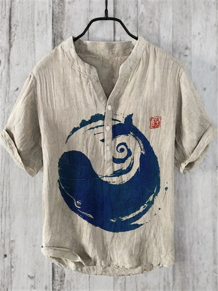 Japanese Word Art Linen V-neck Shirt