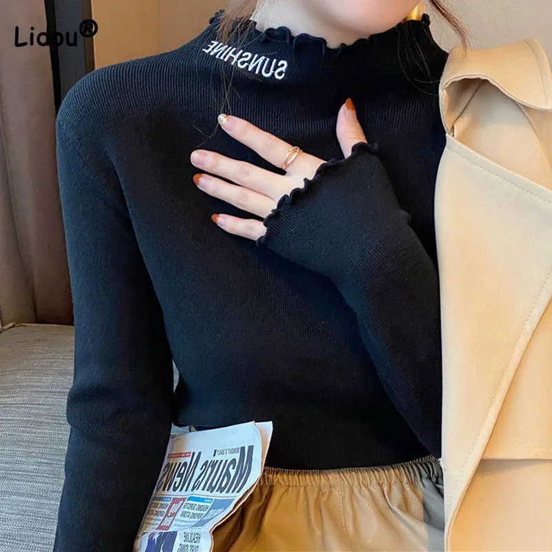 

Female Half High Collar All-match Solid Color Knitted Top Autumn Women's Clothing Trend Embroidery Spliced Long Sleeve Sweaters