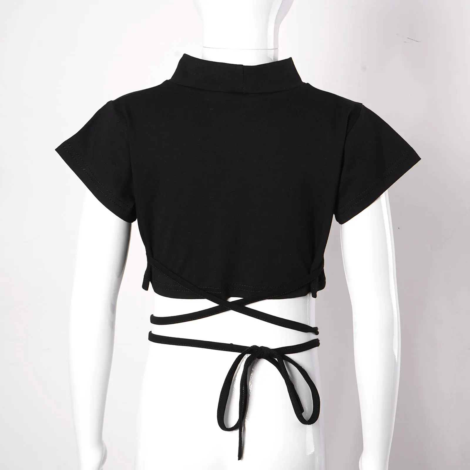 2PCS Kids Girls Short Sleeve Mock Neck Crop Top with Elastic Waistband Chain Mid Waist Pants for Jazz Dance Hip Hop Performance