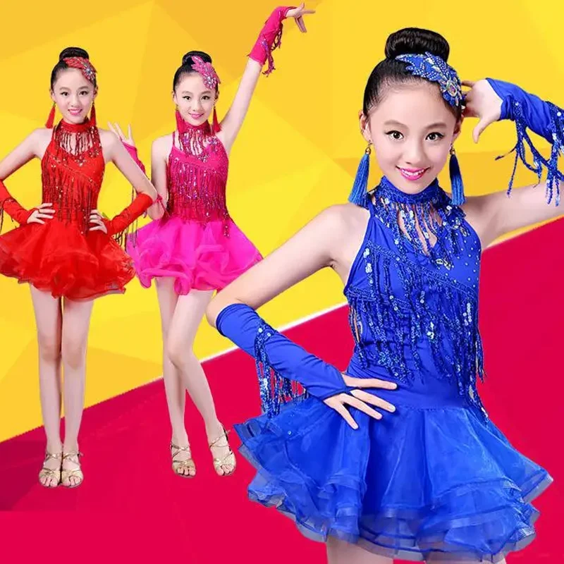 Set Sequins Fringe Tassels Latin Dance Dress Latin Dress Costume for Girls Kids Ballroom Costume Professional Salsa Rumba Cha Ch