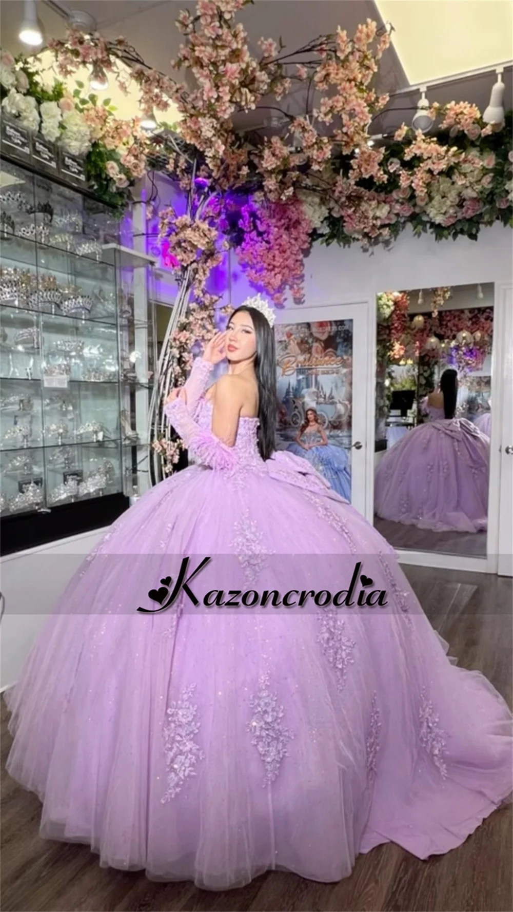 Kazon Princess Feather Three Quarter Sleeves 15 Quinceanera Ball Gown Lace Applique Lace up Vestido De Graduaction C