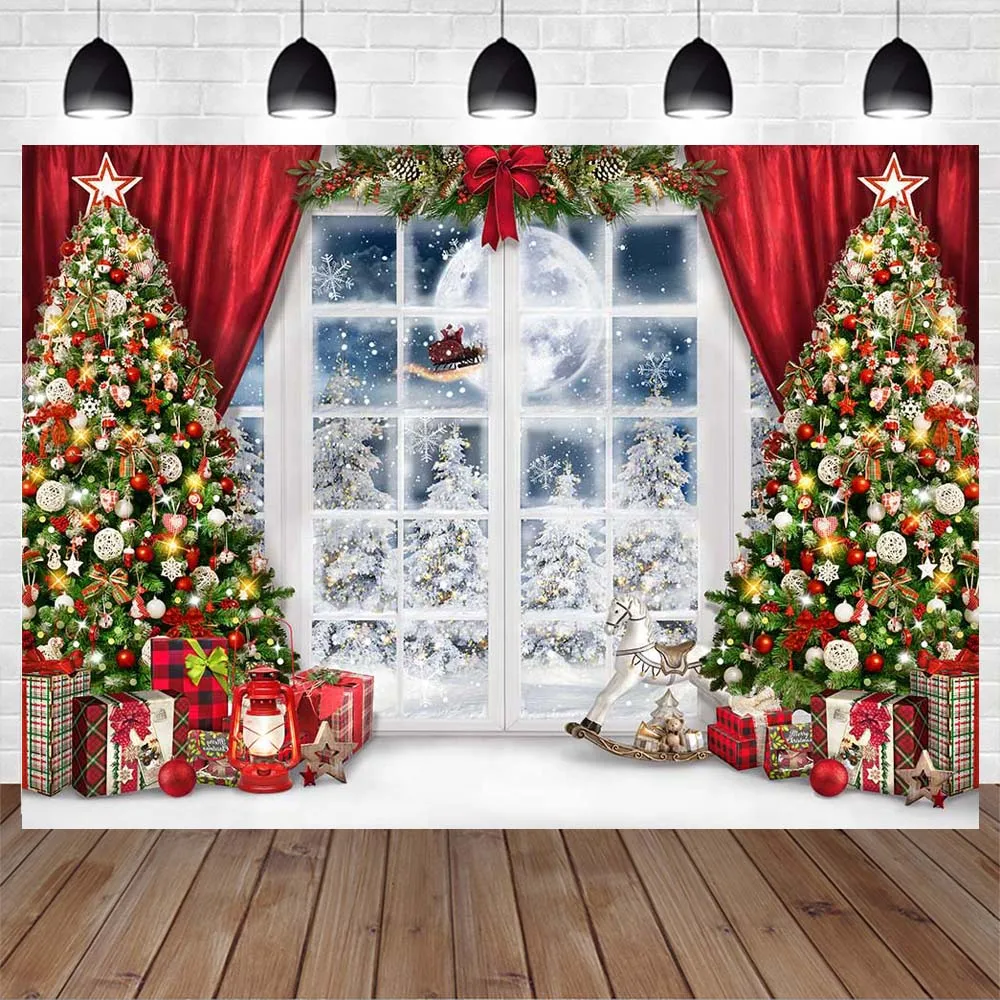 Mocsicka Natal Backdrops para Fotografia Natal Árvore Janela Neve Lua Cheia Foto Fundos Criança Retrato Atirar Estúdio Adereços - Image 3