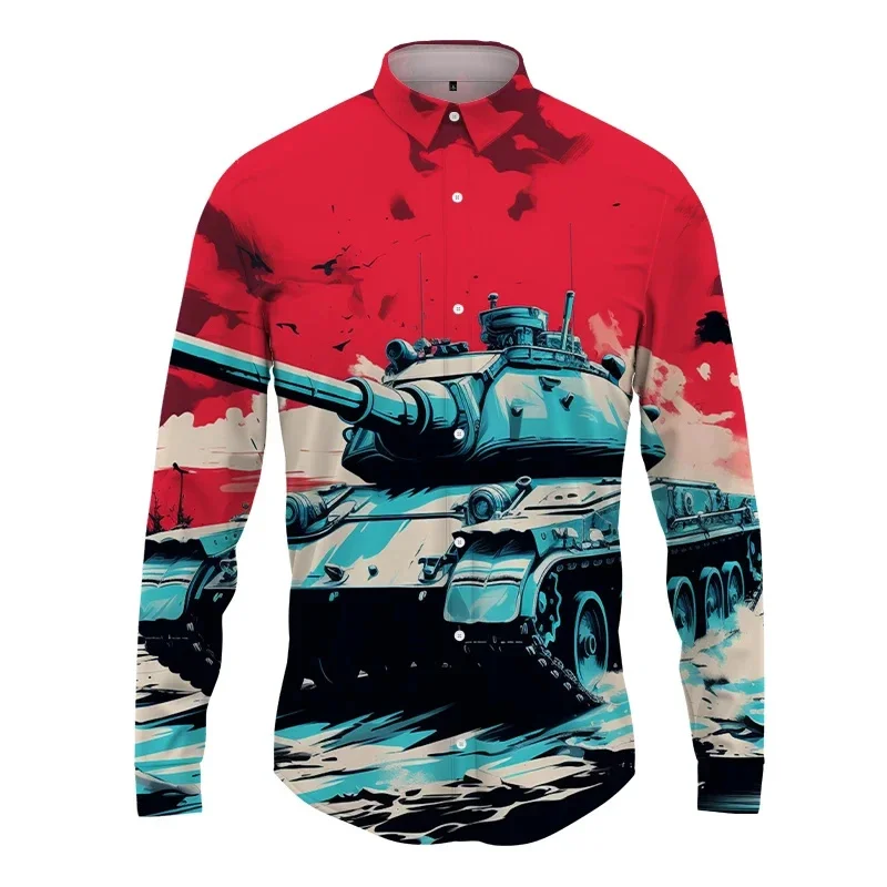 

Tank Pattern 3D Printed Lapel Men Shirt ManWomen Casual Fashion Long Sleeves Shirts Button Streetwear Oversized Unisex Clothing