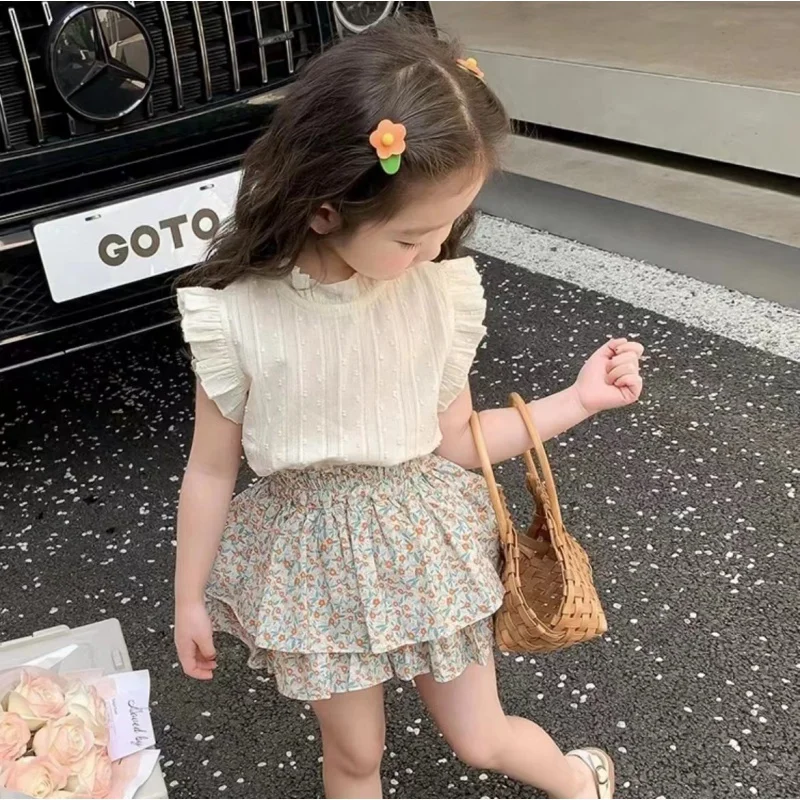 

Girls' Culottes Suit Summer2024New Baby Girl's Fashionable Summer Cotton Girl's Stylish Two-Piece Suit Fashion