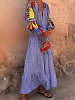 2024 Autumn Fashion New Women's Loose Long Sleeve Striped Splicing V-neck Lantern Sleeve Printed Loose Long Dress - Image 2