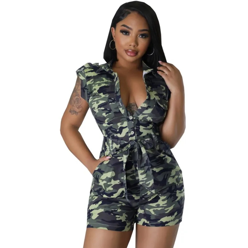 Jumpsuit Rompers African Jumpsuit Slim Sexy Women Camouflage Casual Shorts Belt Lapel Buttons Summer 2023 Elegant Ladies Clothes