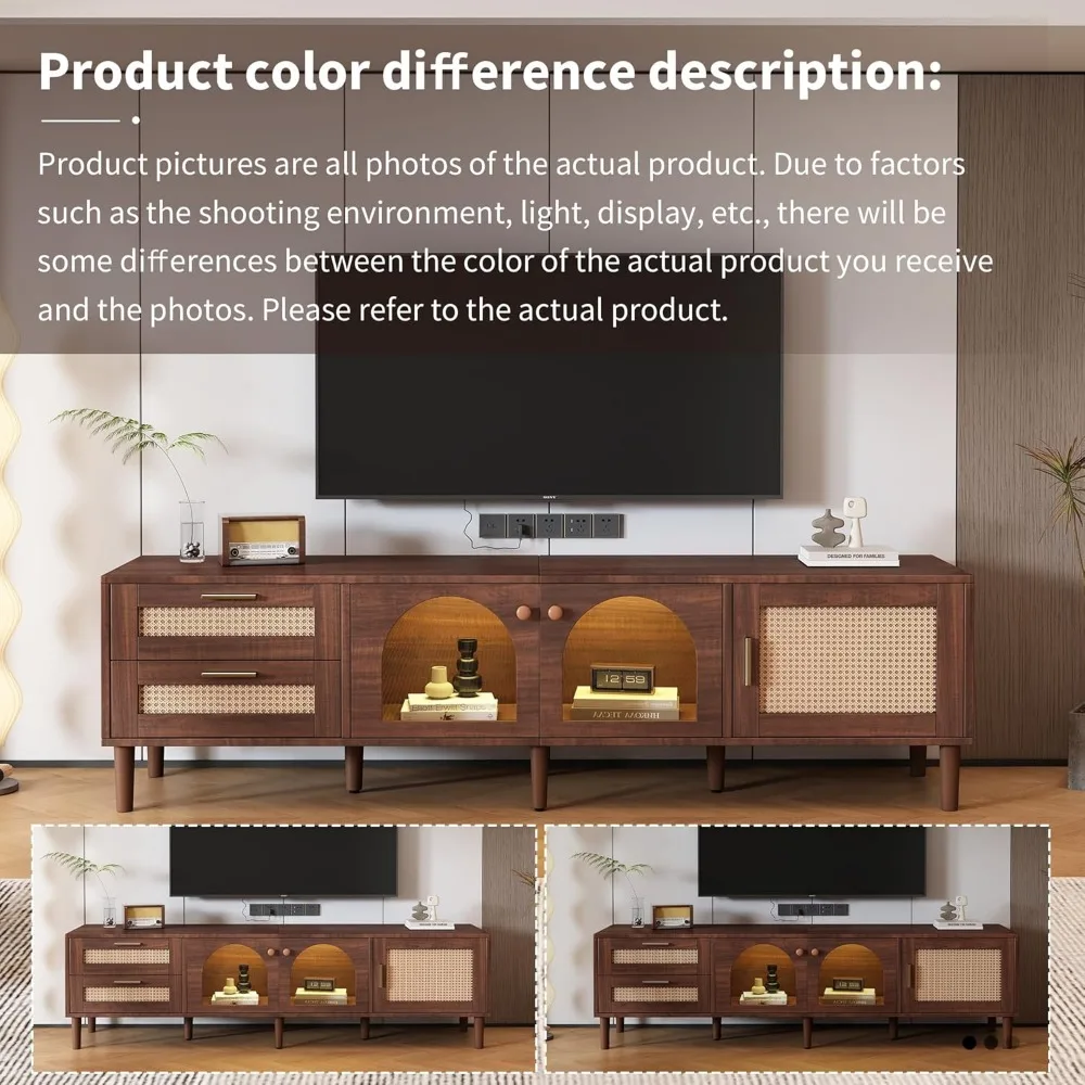 70" TV Stand with LED Lights, 3 Cabinets & 2 Drawers, Solid Wood Feet, TVs Up To 80", Living Room Rattan TV Stand 6