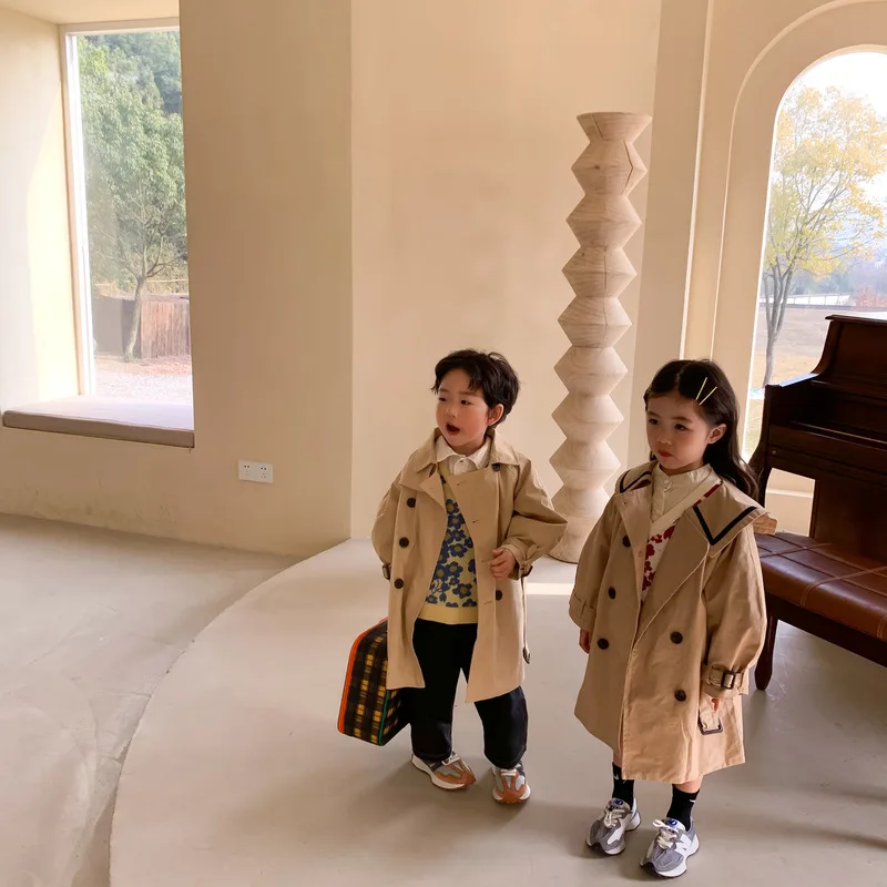 Children Trench Spring Autumn Boys Girls Korea Solid Color Long Trench Fashion Casual Turn Down Collar Girls Coat kids jacket girls trench coats children raincoats