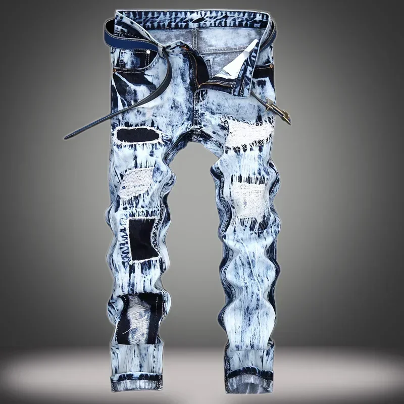 Men's Embroidered Patchwork Ripped Jeans (without Belt) Slim Fashion High Street Motorcycle Denim Pants Male Designer Clothes men jeans ripped jeans ripped patchwork jeans