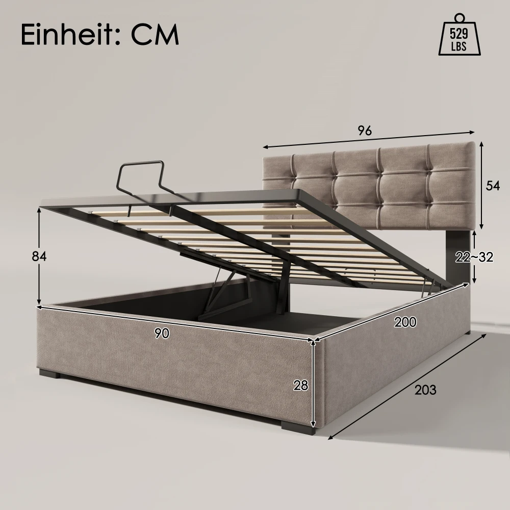 Hydraulisches Doppelbett, gepolstertes Bett 140 x 200 cm, verstellbares Kopfteil, mit Metallrahmengitter, Samt, Bettrahmen mit Stauraum – Detail 27