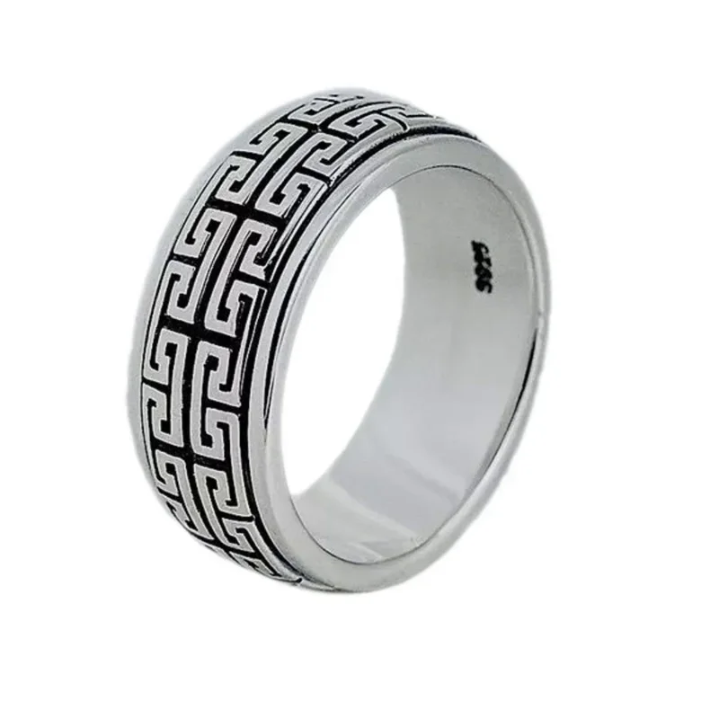 

New Real 100% s925 Silver Jewelry Rotatable Man Ring Retro Domineering Great Wall Pattern Couple Style Good Luck