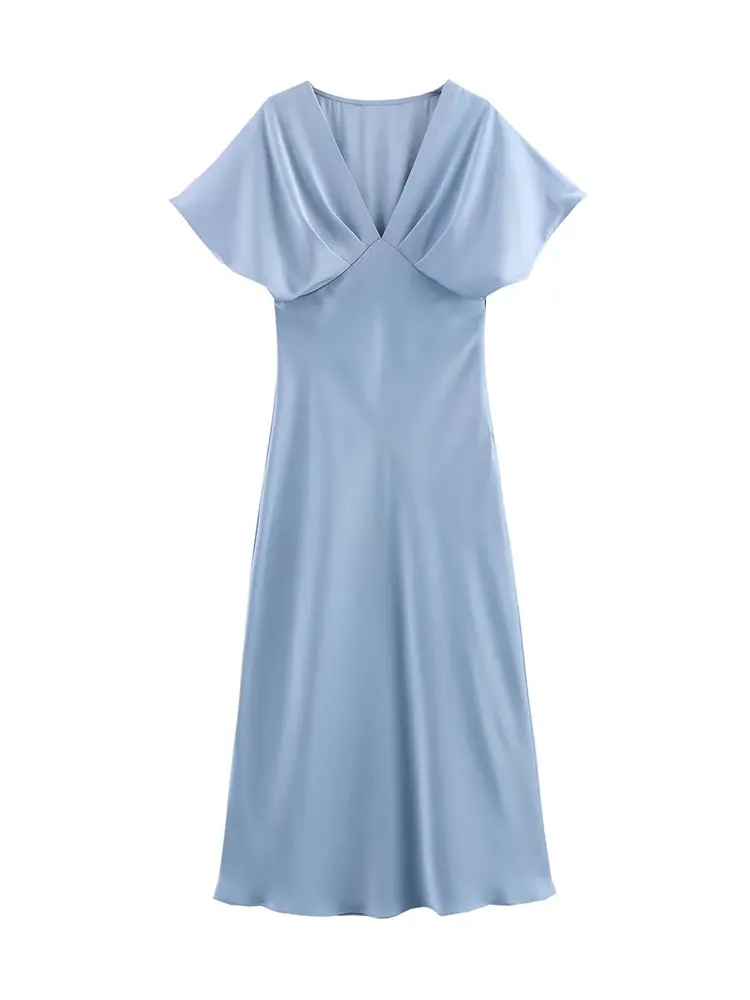 HH Women Elegant Solid Satin Dress Sexy V Neck Short Sleeve Midi Dress 2025 New Fashion Summer Lady Holidays Party Dress