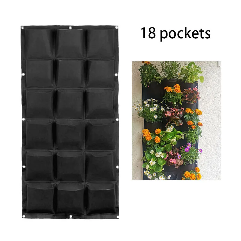 

18 Pockets Wall Hanging Bags Garden Tools Flower Plant Pot Wall-mounted Planting Bags Planter Vertical Garden Black Pockets Q1