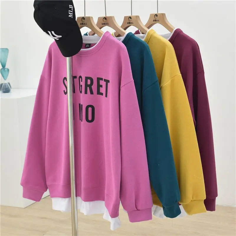 Casual Fake Two Piece Sweatshirts Spring Autumn New Solid Long Sleeve Letter Print Loose Pullovers Fashion Korean Women Clothing