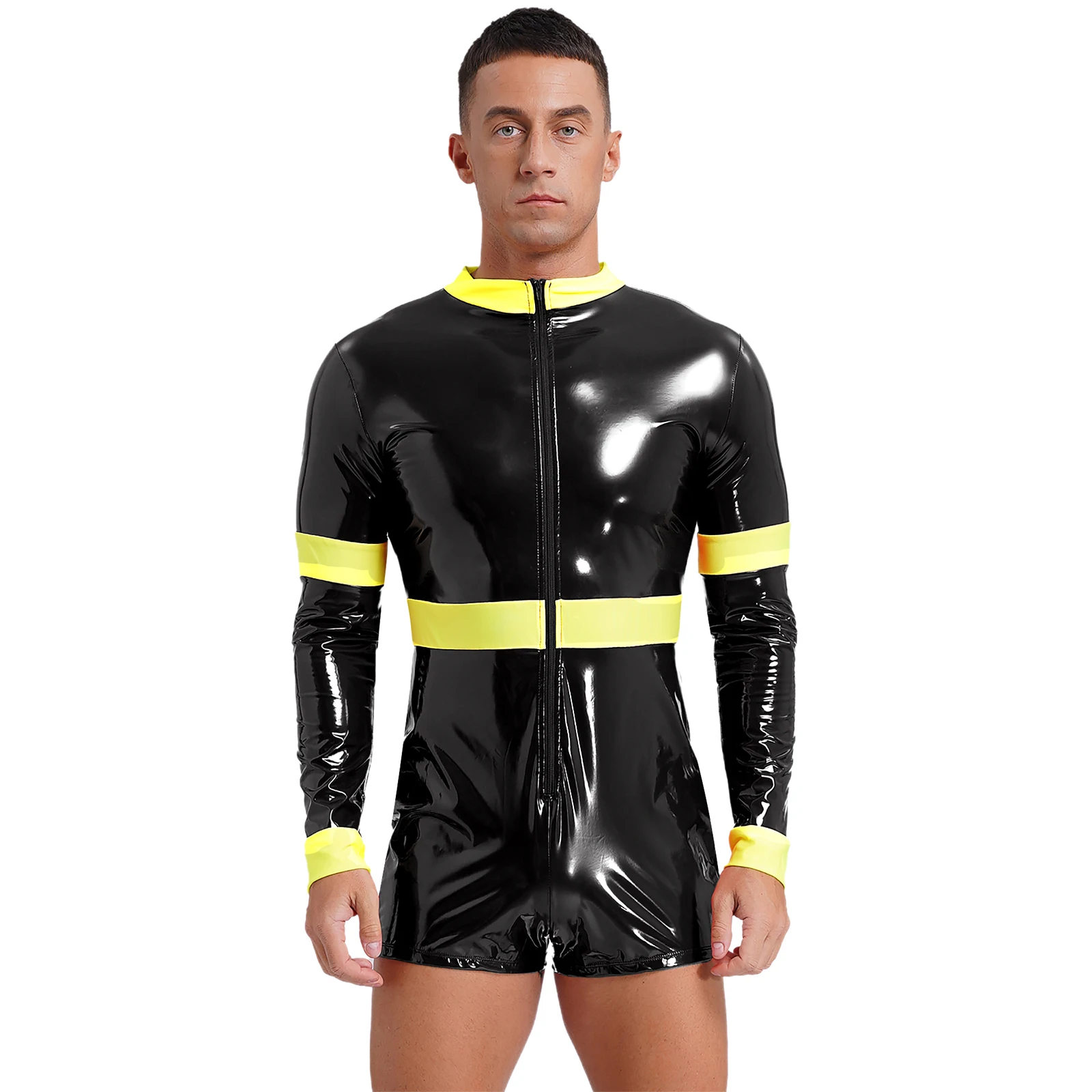 

Men Women Firefighter Jumpsuit Costume Wet Look Patent Leather Long Sleeve Zipper Boyshorts Bodysuit Fire Captain Uniform Set